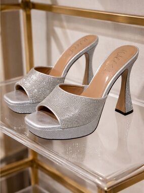 Wild Pair Silver Crystal Platform Mule Heels